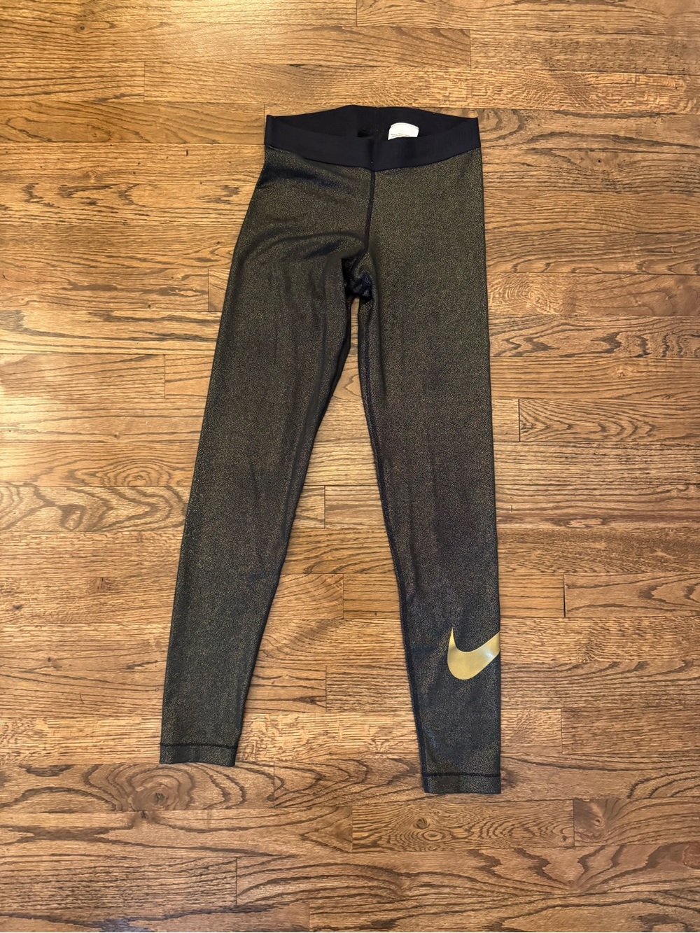 Nike Black and Gold Dri-Fit Leggings with Gold Swoosh